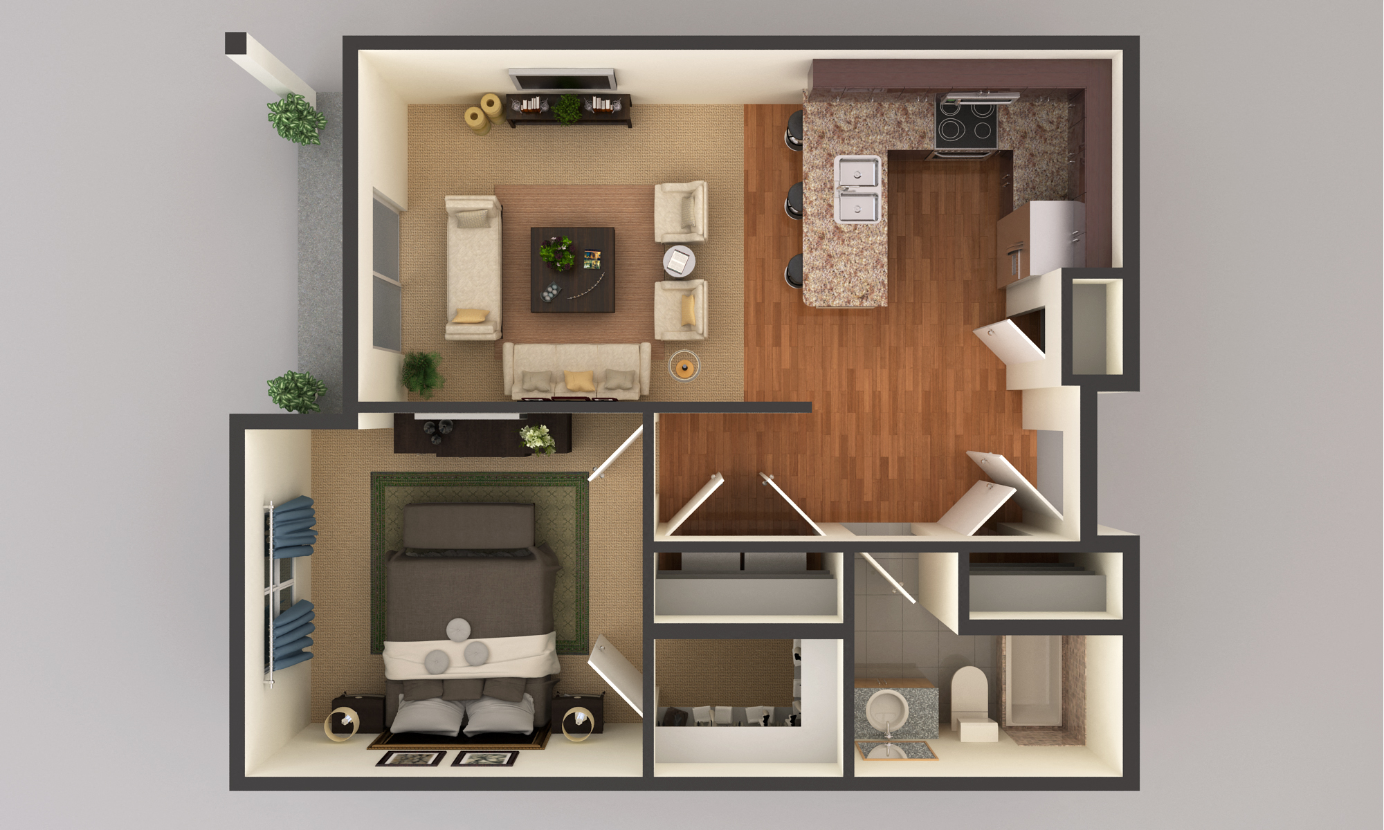 Floor plan for 1 bed, 1 bath, 835 sqft
